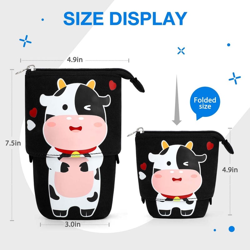 KPX Cute Standing Pencil Case for Kids, Pop Up Pencil Box Makeup Pouch, Christmas Gift Kids Canvas Pen Holder Organizer Cosmetics Bag, Kawaii Stationary (Baby Cow) - Image 2